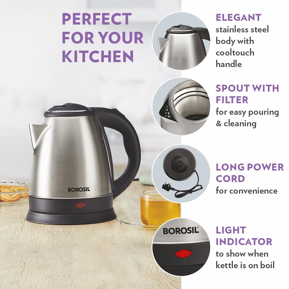 Borosil Stainless Steel 1350W Electric Kettle 1.5L